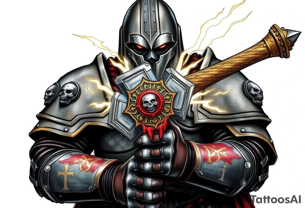 Warhammer, the Old World. A warrior priest of Sigmar holding The Warhammer of Sigmar. The Warhammer of Sigmar is radiating thunderous energy. The Warhammer is held by the warrior priest with both gripping hands at the shaft, upon his chest level. The Warrior priest is wearing dark alloyed heavy armour (reference armor from warhammer vermintide 2 Victor Saltzpyres, the warrior priest of Sigmar class) with skull sigils on his shoulder pads. The warrior priest is wearing a helmet, while the helmets front visor has an humanoid metal face covering. The helmet and armour are gladened with hints of gold and crimson red. The Warhammer is silverish and golden with a long shaft with twisted carvings. tattoo idea