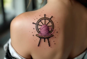 A storybook spinning wheel used for making yarn with an enchanted twist, floating mid-air, spinning thread with pinky yarn, surrounded by sparkling stars and silver dust (no glow effect). tattoo idea