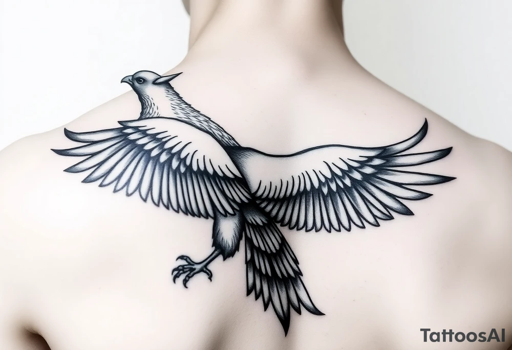a majestic, fantastic bird, a combination of a hawk, crane and phoenix. The tattoo is placed on the left shoulder, we see the top of the bird, from bird perspective. One wing is pointing up the neck, the other wing is more curved and points towards the lower chest. The head of the bird points towards the left and is slightly raised. The tail of the bird runs over the shoulder and down the upper left arm. tattoo idea