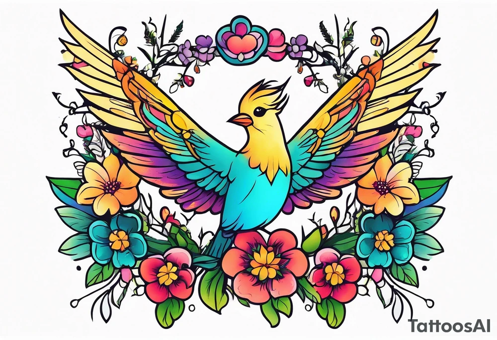 Fairytale flower bird crown tattoo idea