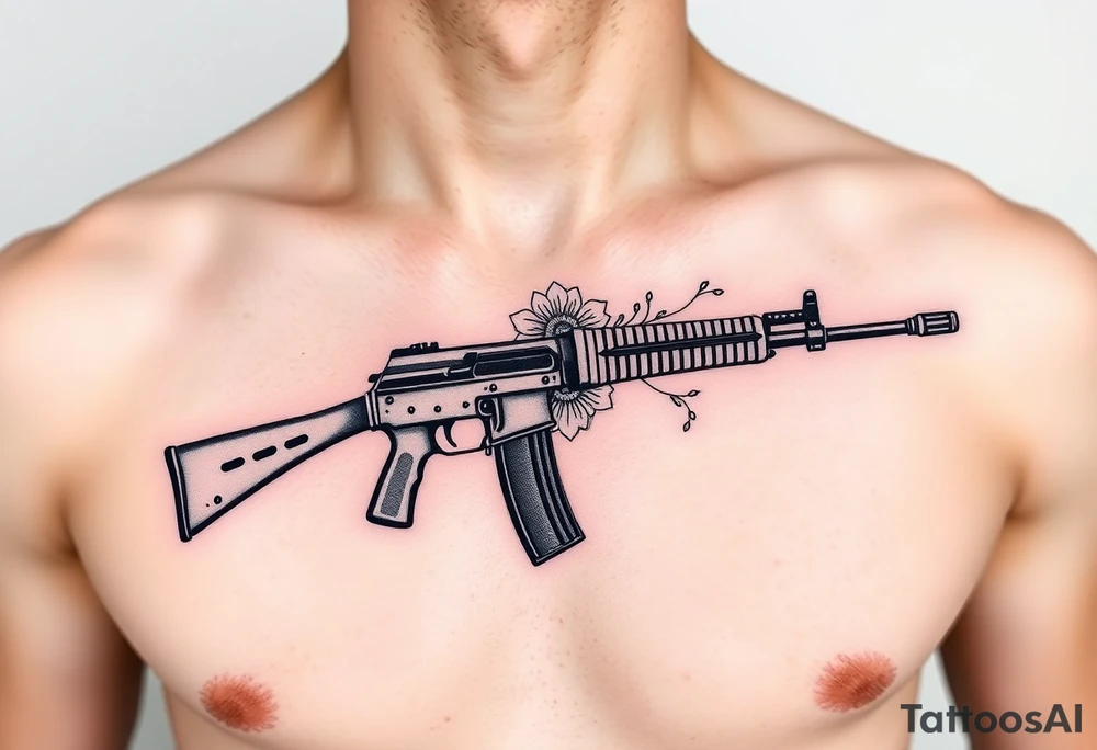 ak 47 black silhouette with floreal details tattoo idea