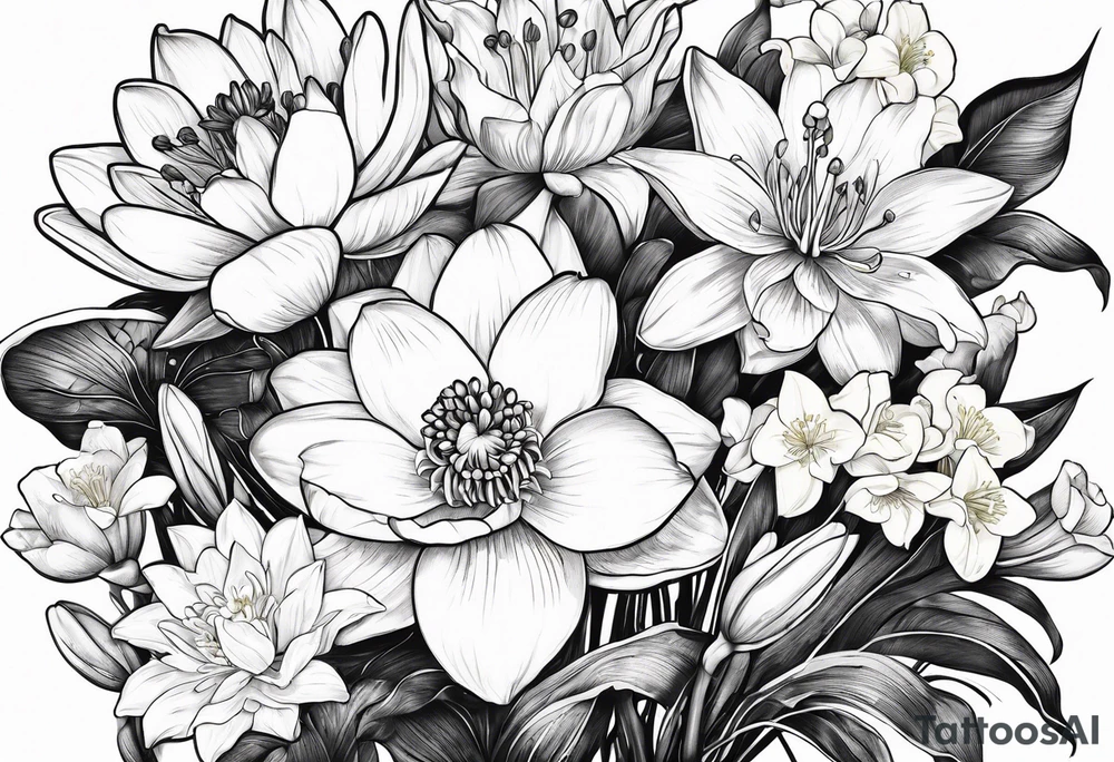 Water Lily, Lily of the Valley, Narcissus, and Gladiolus bouquet for vase tattoo idea
