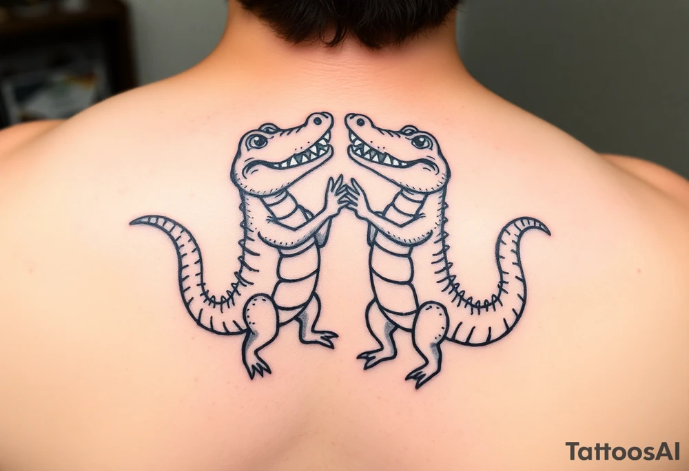 two cartoon mardi gras alligators dancing tattoo idea