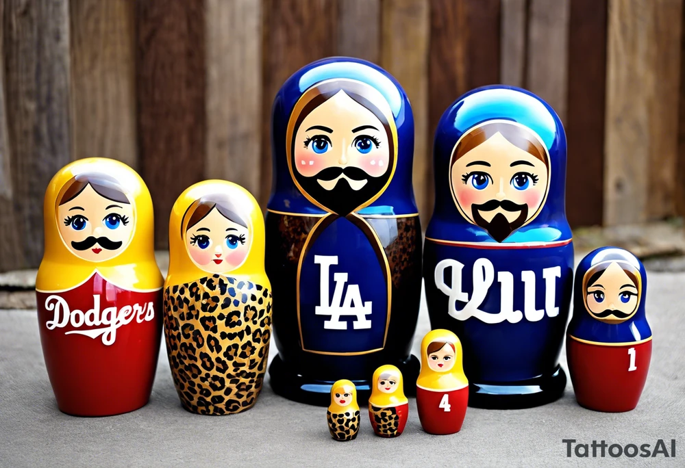 Matryoshka doll family of 4. Each doll is designed based on their individual description. Father (biggest doll) has full beard, blue eyes, short brown hair, loves LA Dodgers. Mother (second biggest doll) has blonde bob, blue eyes, thick rimmed black glasses, loves leopard print. Son is 4 years old, blue eyes, blonde spiky hair, loves Paw Patrol. Daughter is 2 years old, blue eyes, long eyelashes, short light brown bob, loves Bluey. tattoo idea