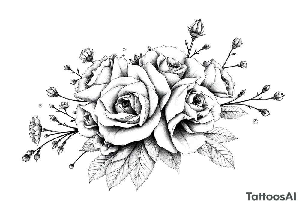 vintage bouquet of wild roses and meadow flowers with morning dew tattoo idea