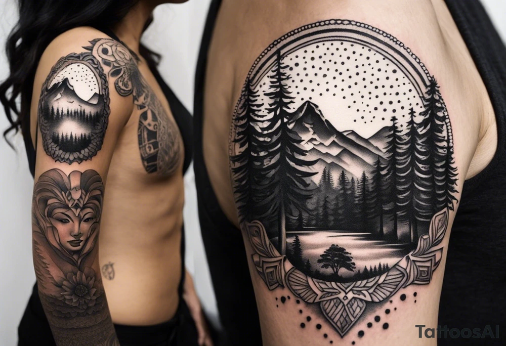 Mexican American inspired that incorporates being a father,  love for family and importance of building wealth. Include elements of the Pacific Northwest Forrest on shoulder tattoo idea