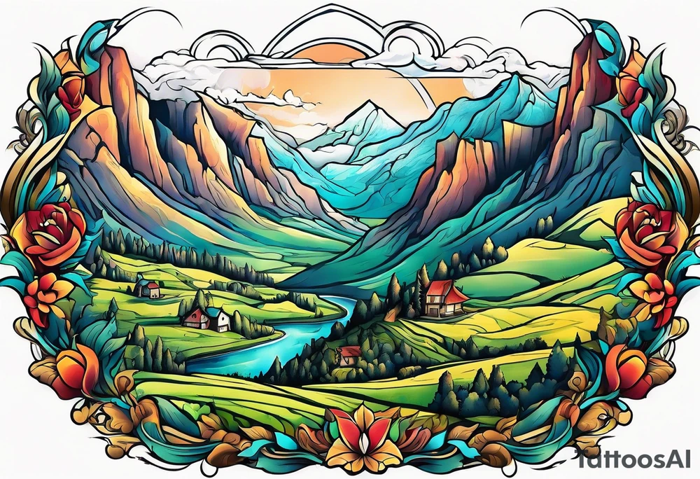 renaissance but western looking plateau and valley with great vastness tattoo idea