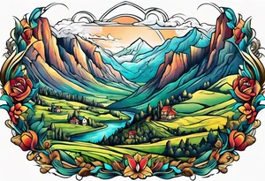 renaissance but western looking plateau and valley with great vastness tattoo idea