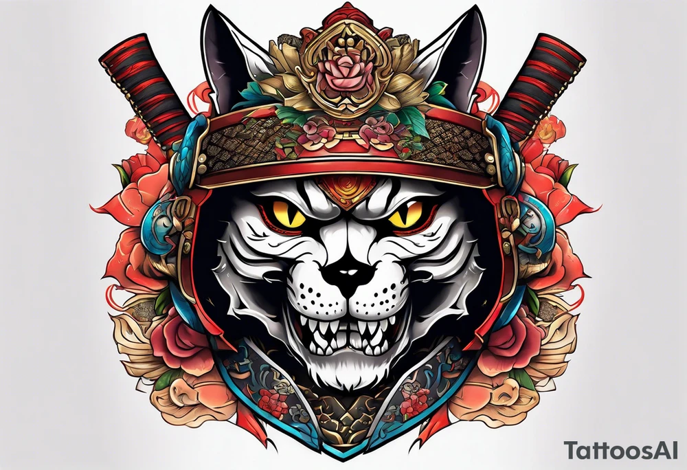 A cat skull in a samurai armor tattoo idea