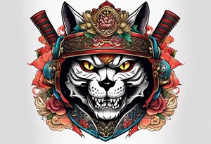 A cat skull in a samurai armor tattoo idea