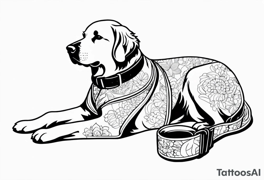 a golden retriever in a kimono full body view wearing a black belt tattoo idea