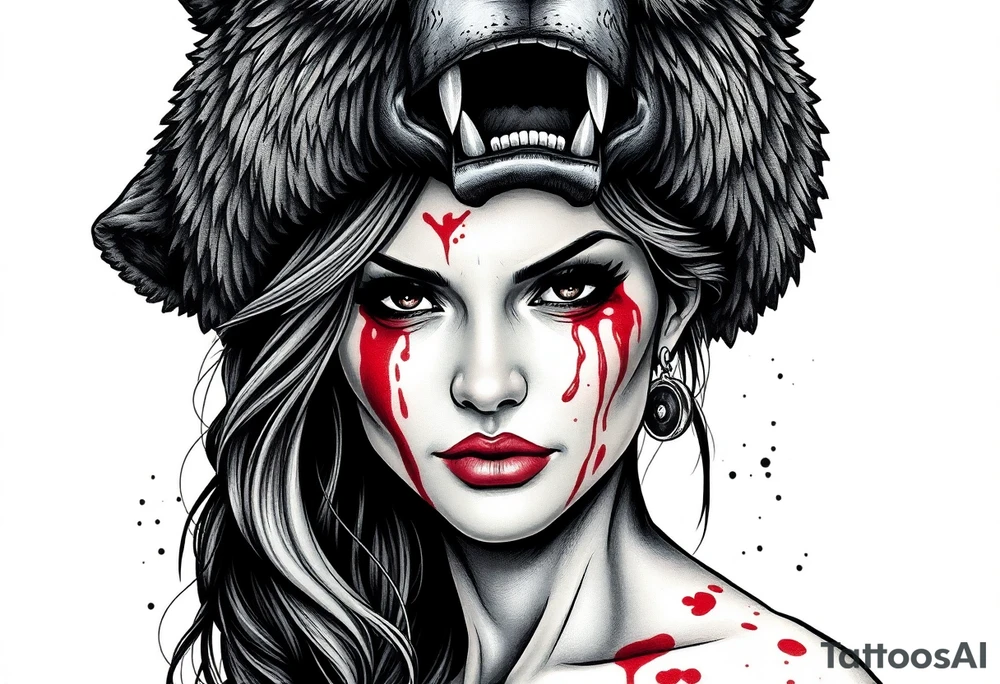 Beautiful Woman with battle scars and blood on face wearing dead bear on head tattoo idea