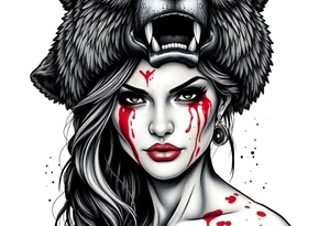 Beautiful Woman with battle scars and blood on face wearing dead bear on head tattoo idea