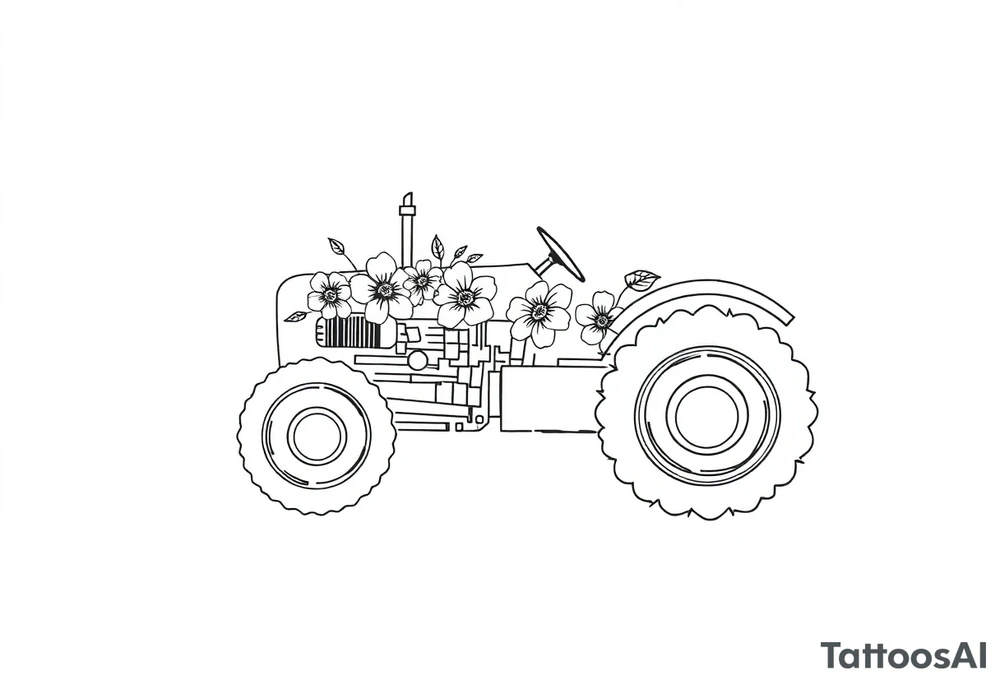 feminine tractor with flowers tattoo idea