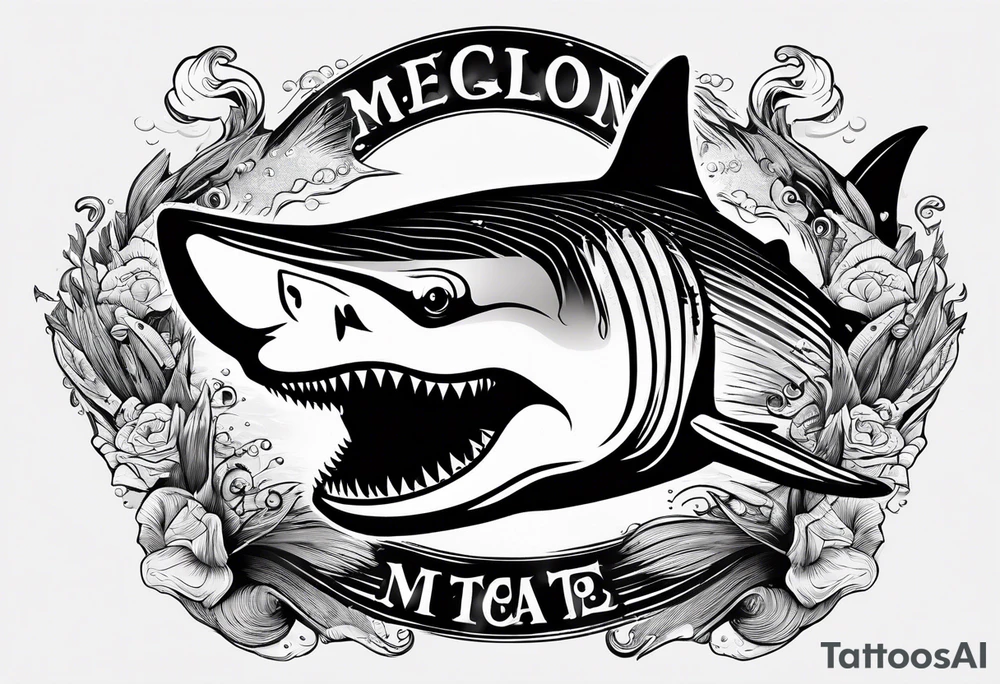 megalodon ni text vertically with the cute shark and the water wrapping around the text tattoo idea