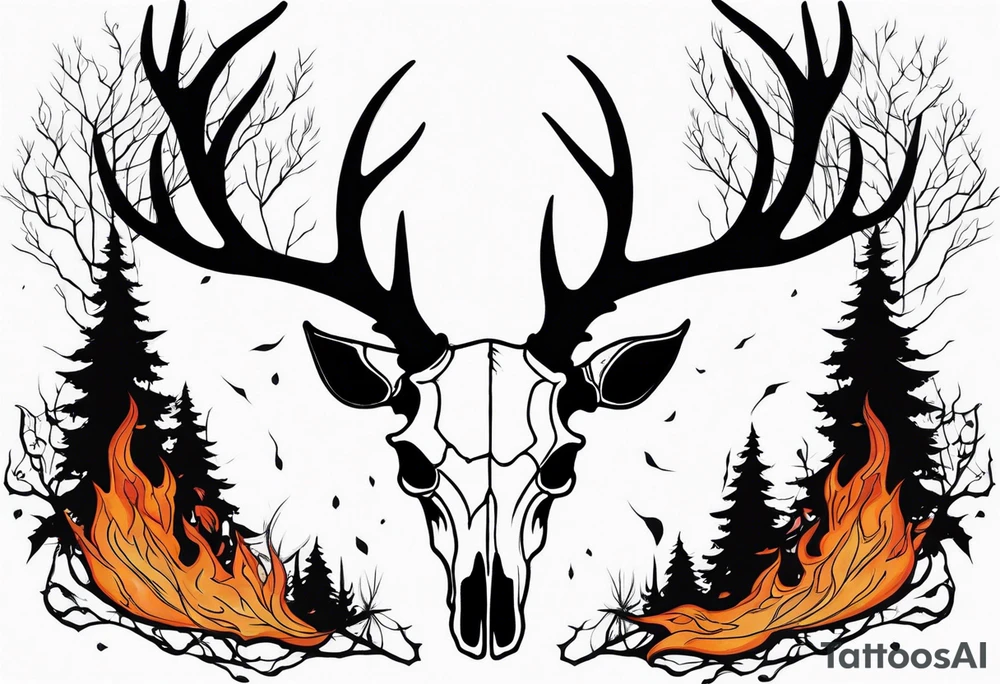 Halloween side profile of a DECAYING deer skull JUST BONE surrounded by a flames and trees in background tattoo idea