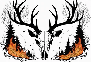 Halloween side profile of a DECAYING deer skull JUST BONE surrounded by a flames and trees in background tattoo idea