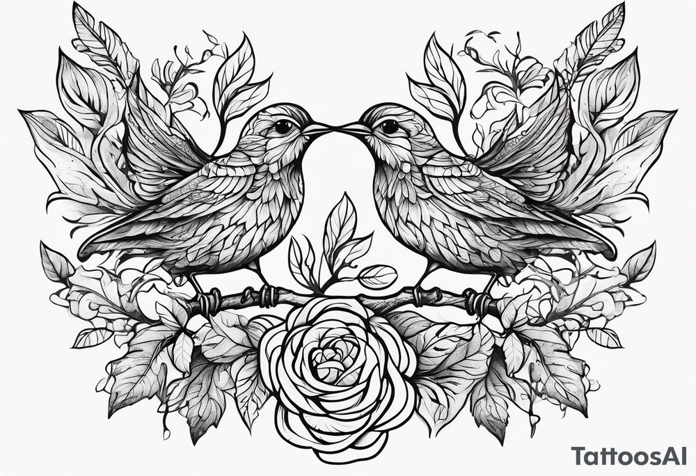 Whimsical birds and vines and leaves forearm tattoo idea