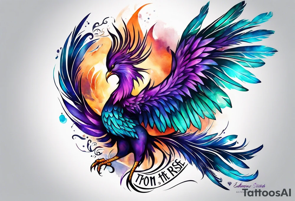 Phoenix on hip down into thigh with feathers that have teal purple and blue with quote "from the Ashes I rise" long tail featgers tattoo idea