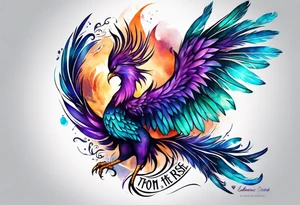 Phoenix on hip down into thigh with feathers that have teal purple and blue with quote "from the Ashes I rise" long tail featgers tattoo idea