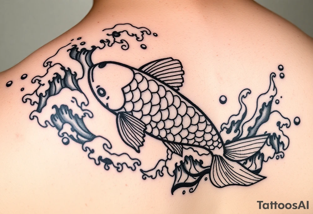 traditional koi fish swimming upstream through turbulent waves tattoo idea