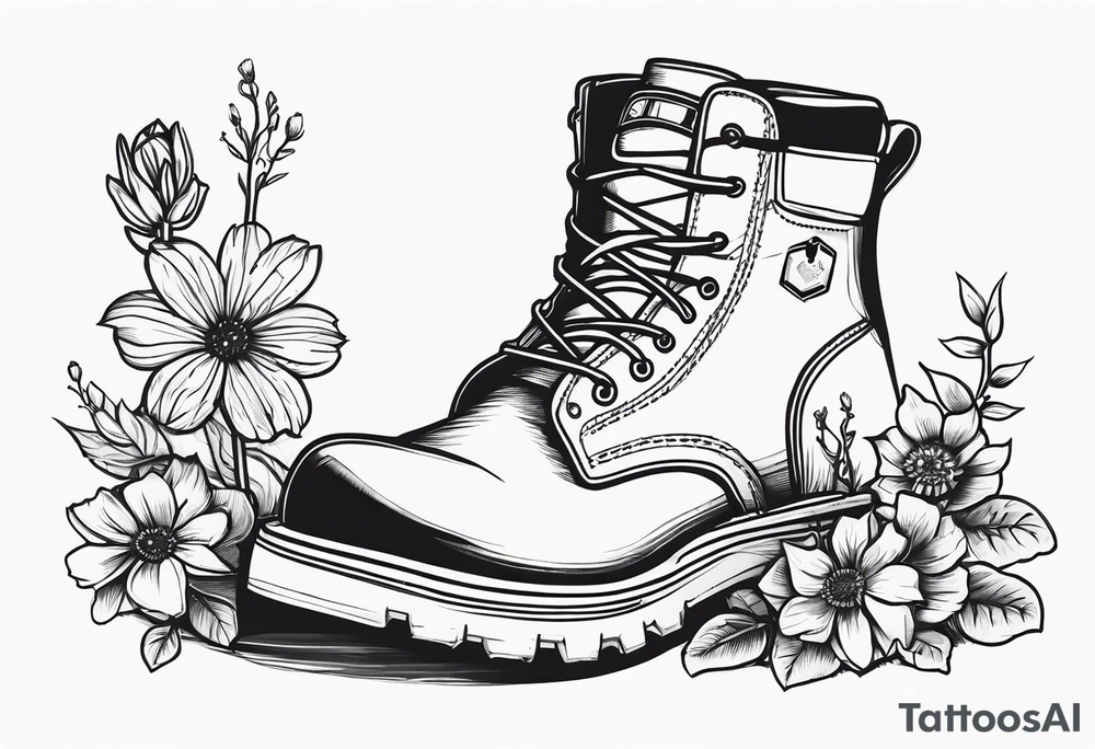 dads work boots sitting with wrench, screwdriver & hammer and a beer around or near it and flowers growing out of the boots. tattoo idea