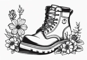 dads work boots sitting with wrench, screwdriver & hammer and a beer around or near it and flowers growing out of the boots. tattoo idea
