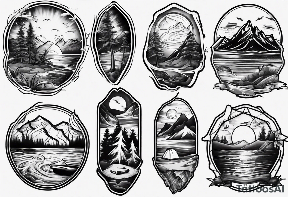 portrait tattoo with mountains, beach, waves, sunset, camping, trees tattoo idea