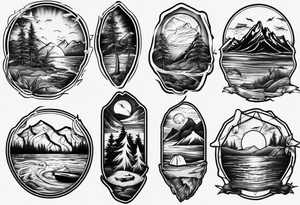 portrait tattoo with mountains, beach, waves, sunset, camping, trees tattoo idea