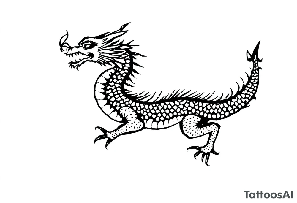 Black ink dragon with flowing body, abstract motion lines, stylised blackwork tattoo, minimalist details, high contrast, traditional Japanese dragon form, vertical layout tattoo idea