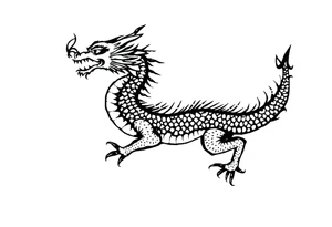 Black ink dragon with flowing body, abstract motion lines, stylised blackwork tattoo, minimalist details, high contrast, traditional Japanese dragon form, vertical layout tattoo idea