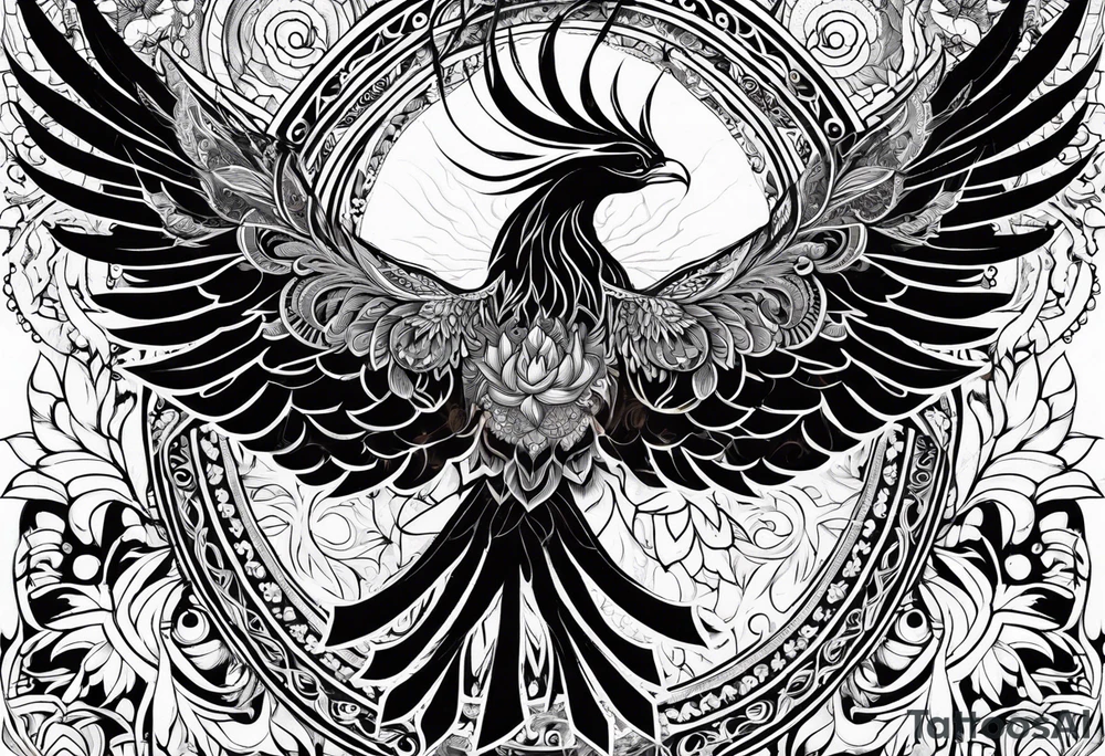 Tribal bohemian feminine impowering Phoenix rising with smoke, mandala sun, floral, lace background tattoo idea