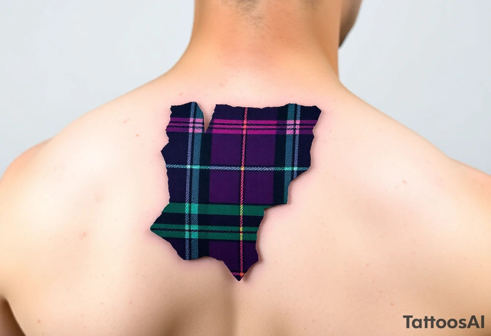 arm Dark Purple with green pink blue and white highlights tartan fabric with flesh peeling away at edges tattoo idea