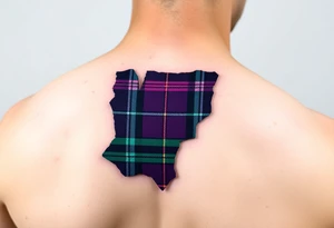 arm Dark Purple with green pink blue and white highlights tartan fabric with flesh peeling away at edges tattoo idea