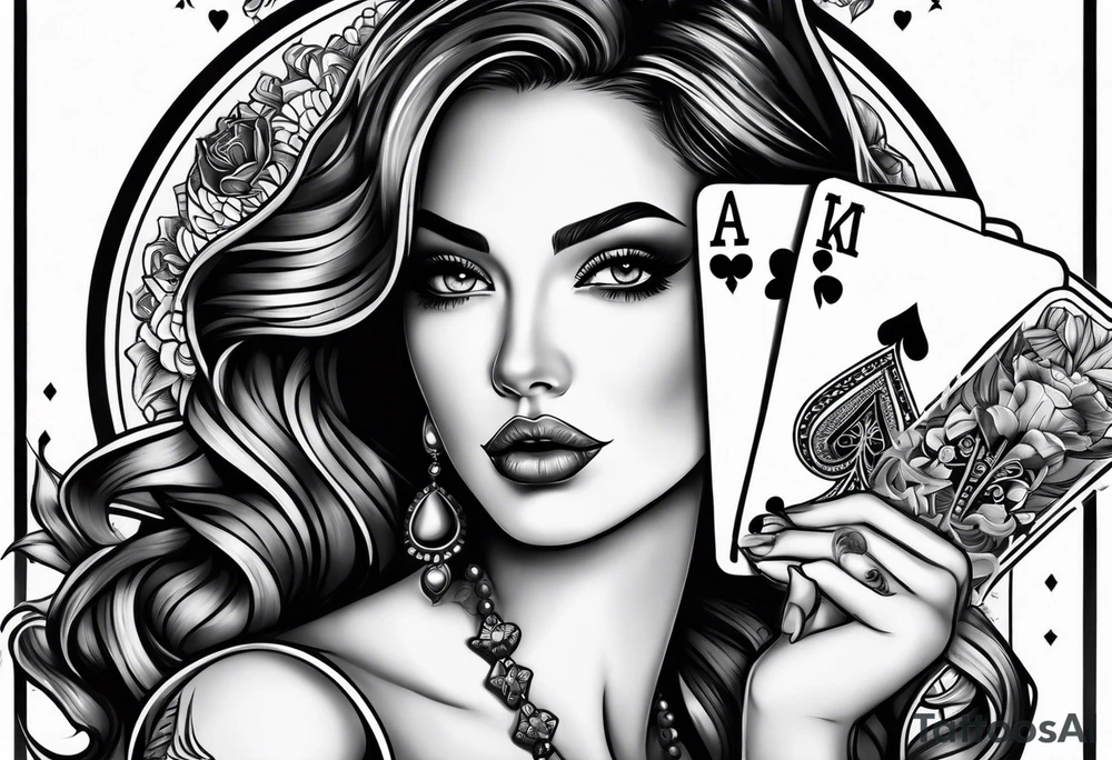 woman one hand holding poker cards tattoo idea