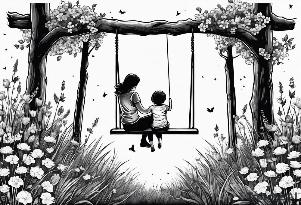 Mom with son and daughter on a swing in the distance in a field of flowers tattoo idea