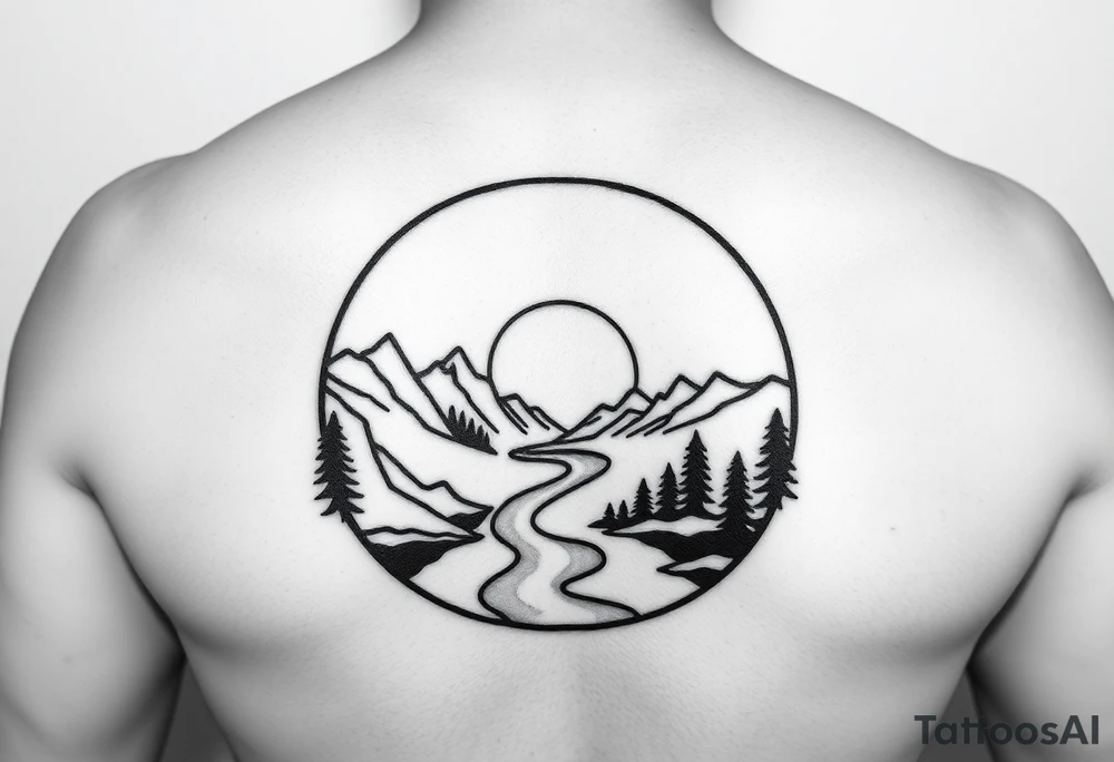 mountains. river and sunrise, let it all be inside one circle. draw a line and divide the circle into two parts, let one part be like day and the other part like night tattoo idea