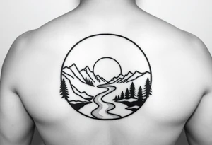 mountains. river and sunrise, let it all be inside one circle. draw a line and divide the circle into two parts, let one part be like day and the other part like night tattoo idea