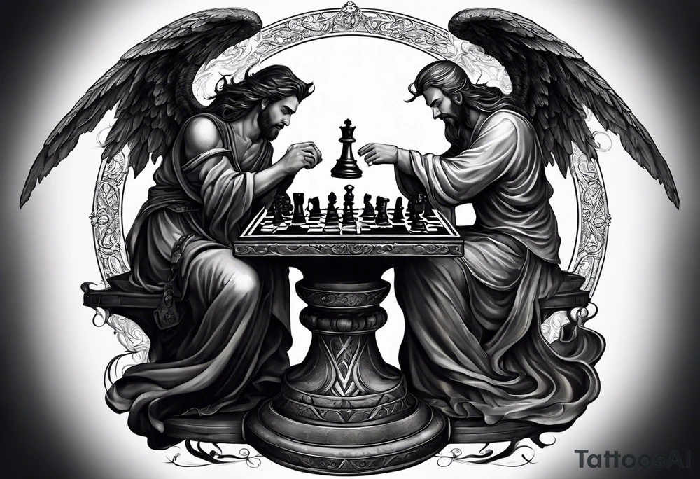 Depict an angel and demon playing chess on a board that morphs from celestial clouds to fiery inferno, representing the merging of the spiritual realms in the eternal game tattoo idea