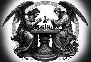 Depict an angel and demon playing chess on a board that morphs from celestial clouds to fiery inferno, representing the merging of the spiritual realms in the eternal game tattoo idea