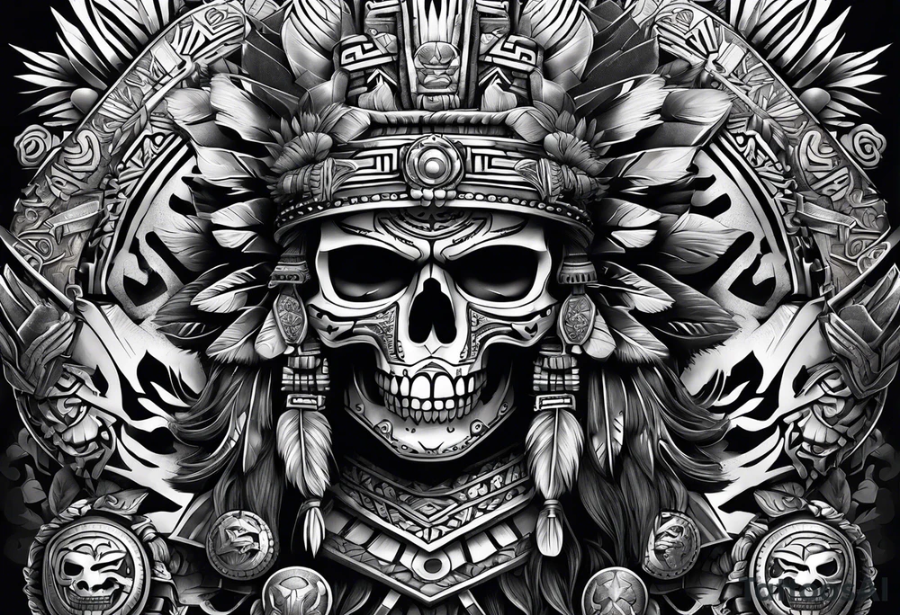 Aztec warrior skull with aztec symbols and weapons and tiger tattoo idea Aztec warrior skull with aztec symbols and weapons and tiger tattoo idea