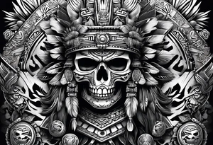 Aztec warrior skull with aztec symbols and weapons and tiger tattoo idea
