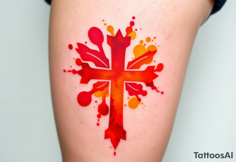 A watercolor-style Maltese cross in splashes of deep red, orange, and yellow, creating a vibrant artistic effect. tattoo idea