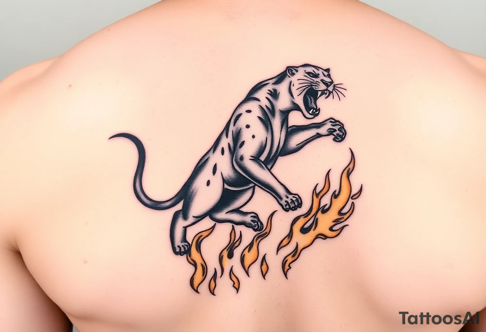 magnificent panther rising from golden flames with trailing embers tattoo idea