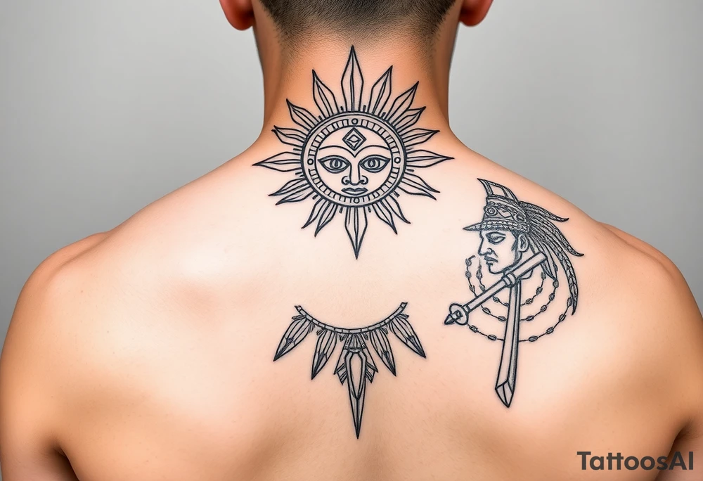 Curicaueri the sun god with purépecha line designs and Cuitzeo the war god tattoo idea