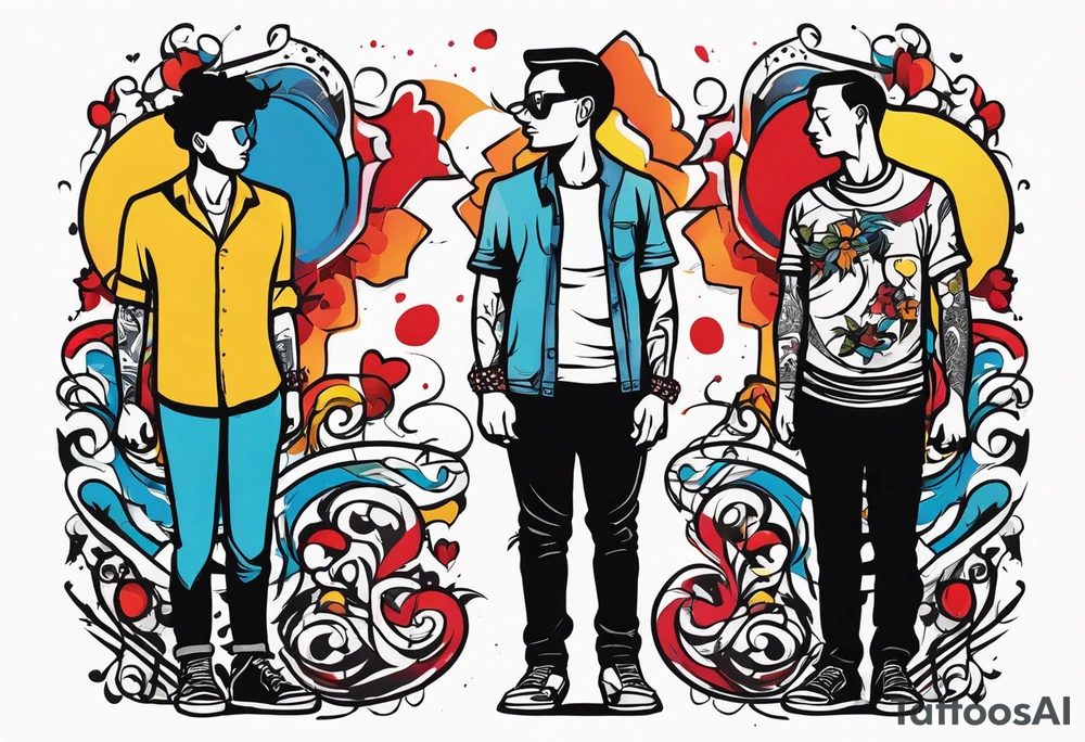 2 black shadows of people standing over 2 black shadows of murdered people tattoo idea