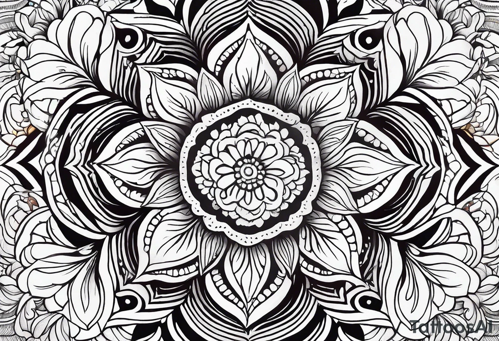 Flowers, colorful, horizontal, botanical with black and white mandala background tattoo idea
