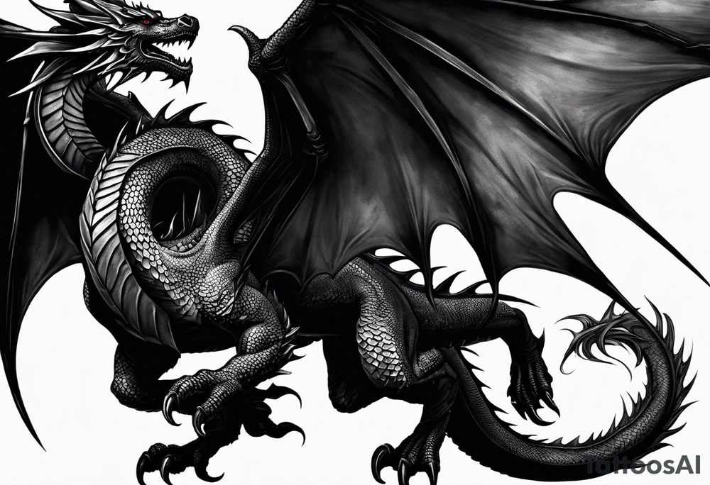 A medieval and powerful black dragon, flinging with a medieval and powerful black dragon. tattoo idea