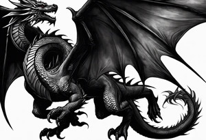 A medieval and powerful black dragon, flinging with a medieval and powerful black dragon. tattoo idea