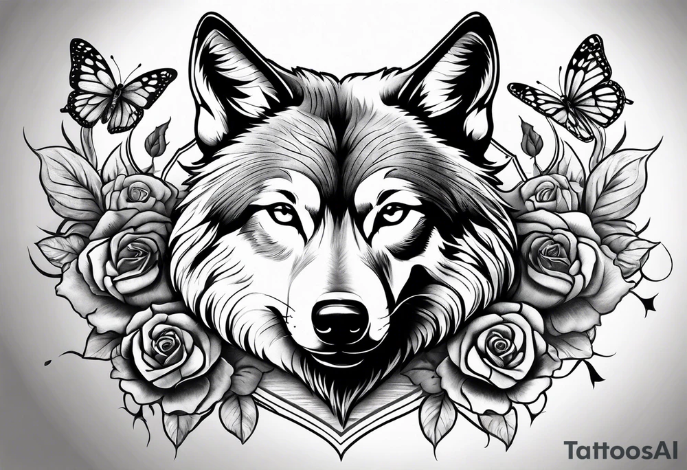 Wolf and butterfly and rose tattoo idea